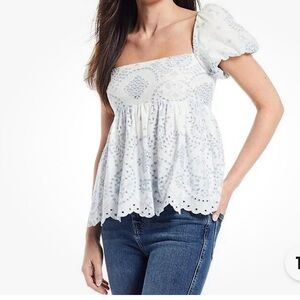 ANTONIO MELANI CONSTANCE BLOUSE EYELET EMBROIDERED FLORAL WHITE SKY BLUE SIZ 8